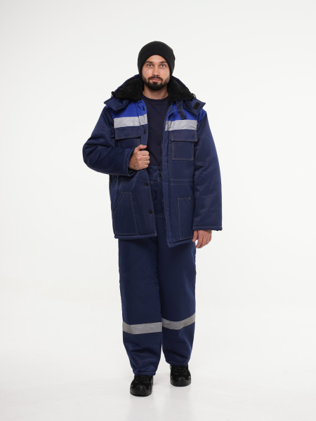 Куртка мужская зимняя Кур706 ткань смесовая, цвет темно-синий с васильковым